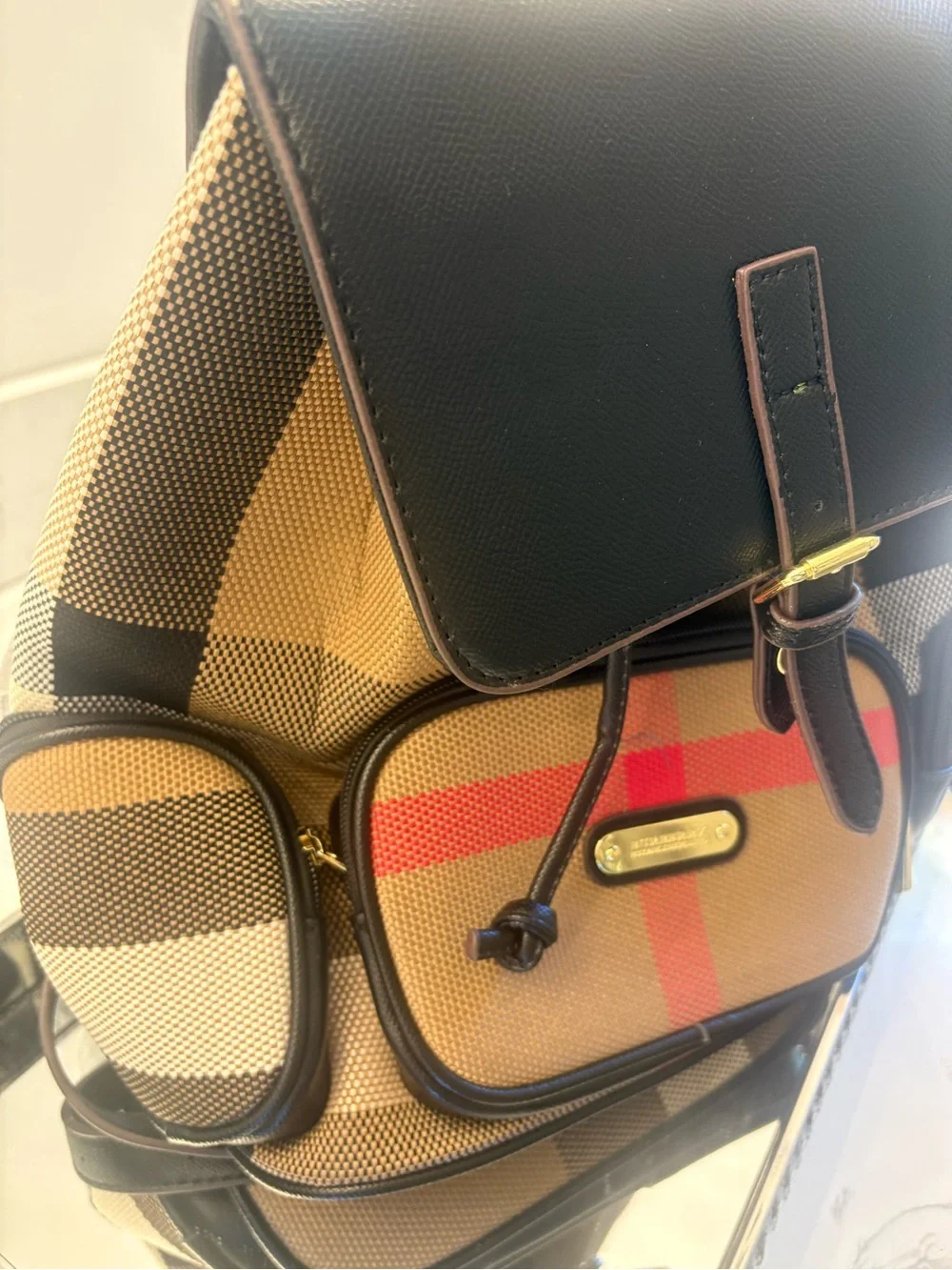Designer-Inspired Tan Check Backpack with Black Trim and Red Stripe